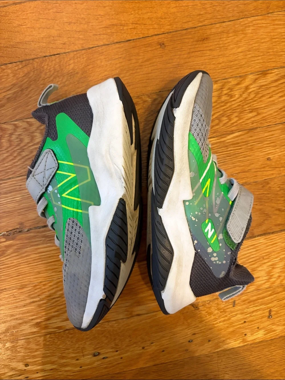 New Balance Kids Gray and Green Velcro Athletic Sneakers